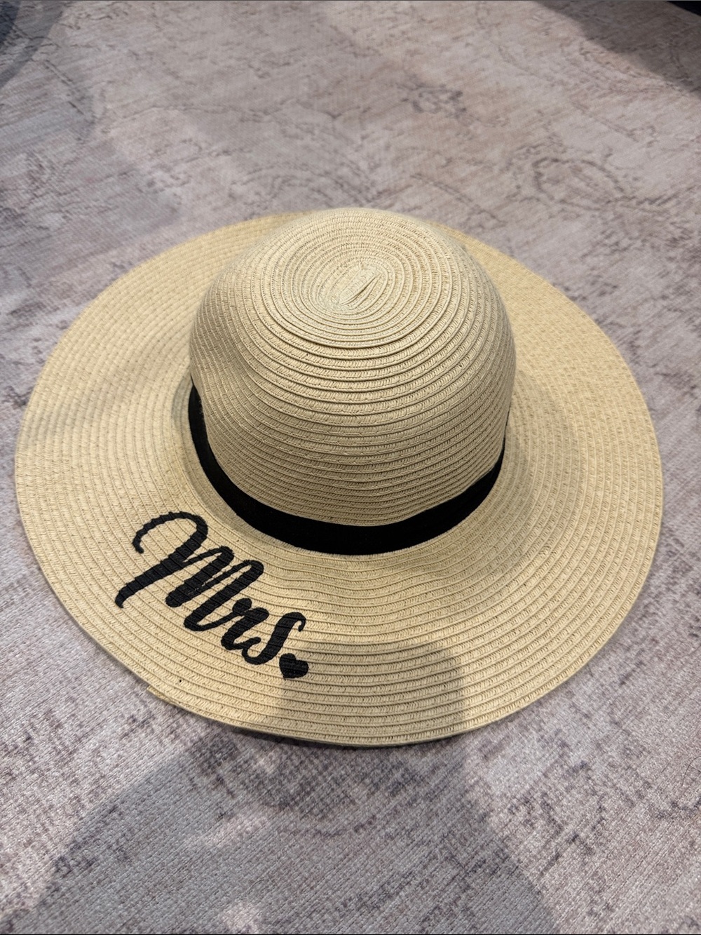 Wide Brim 'Mrs.' Straw Sun Hat with Black Band